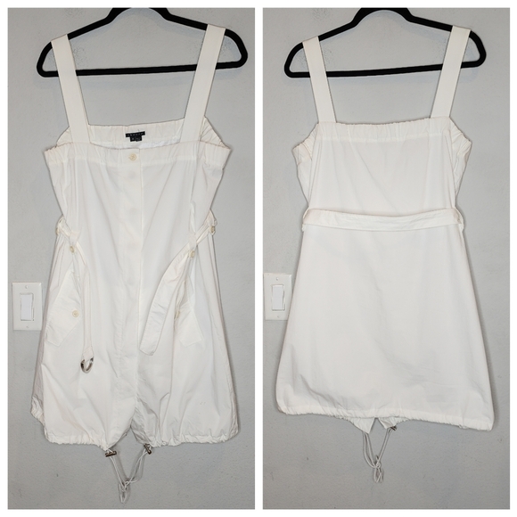 Theory Cinch Hem Button Front White Sleeveless Dress Belted Pockets Size 8 - Picture 9 of 16